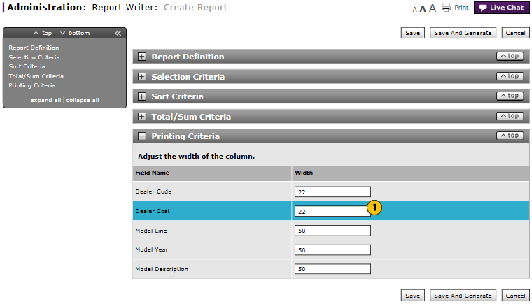 Report Writer create or modify report adjust column width